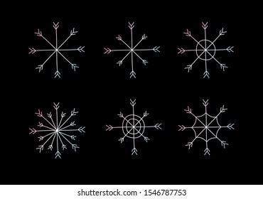 Vector hand drawn doodle set bundle of holographic snow flakes isolated on black background