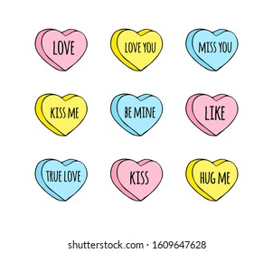Vector hand drawn doodle set of different sweet heart candies isolated on white background. Bundle of flat cartoon conversation text sweets for valentines day