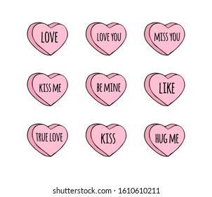 Vector hand drawn doodle set of pink sweet heart candies isolated on white background. Bundle of flat cartoon conversation text sweets for valentines day