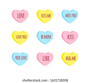 Vector hand drawn doodle set of different sweet heart candies isolated on white background. Bundle of flat cartoon colored conversation text sweets for valentines day