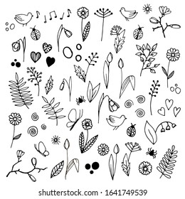 Vector hand drawn Doodle set of objects and symbols on the Spring nature theme