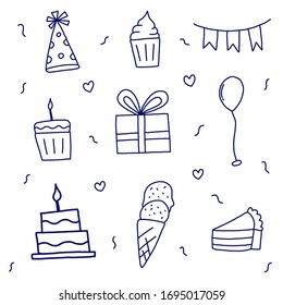 Vector hand drawn doodle set of Happy Birthday elements.