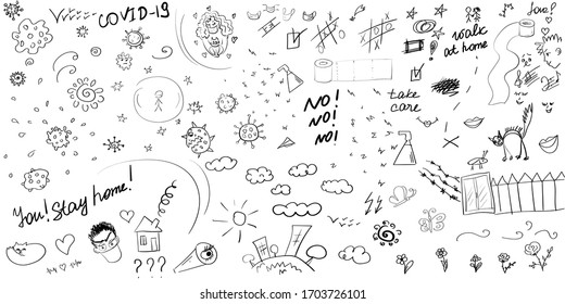 Vector hand drawn doodle set about coronavirus, Covid-19.
Stay home, walk at home, take care. Pandemic protection. Quarantine positive doodle, sketch. Icons, elements. Isolated on white background.