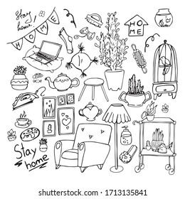  vector hand drawn doodle set, stay home, work in home. Quarantine positive icons, home elements on white background.
