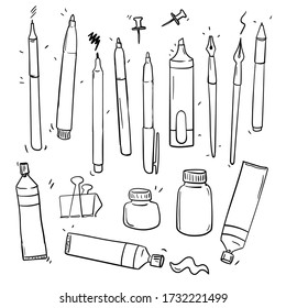 vector hand drawn doodle set. artist's tool, marker, tube, pen