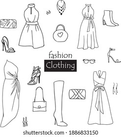 Vector hand drawn doodle set about  fashion clothing, accessories . Isolated on white background.