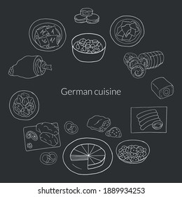 Vector hand drawn doodle set of German cuisine. Design sketch elements for menu cafe, restaurant, label and packaging. Illustration on a dark background.