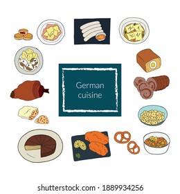 Vector hand drawn doodle set of German cuisine. Design sketch elements for menu cafe, restaurant, label and packaging. Colorful illustration on a white background.