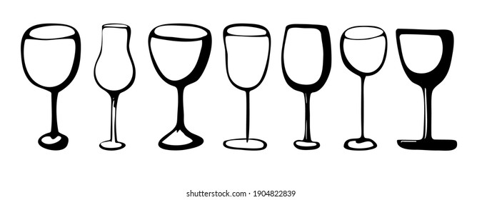 Doodle dibujado a mano vectorial gafas de vino ilustración negra de gafas de vino de bebida símbolo icono de la línea de señalización sobre fondo blanco