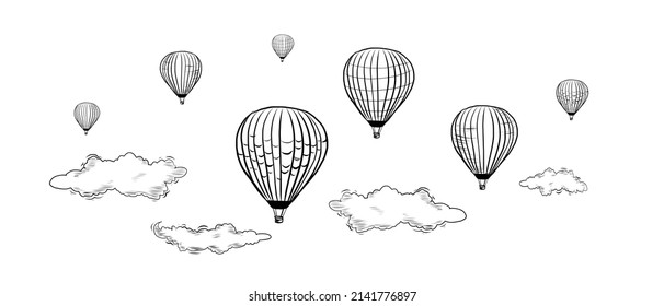 Vector Hand Drawn Doodle Set of Flying Air Balloons Isolated on White Background. Black and white Sketch of Hot Air Balloons Set with Clouds Drawing. Eco Green Transportation for Clean Environment.