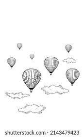 Vector Hand Drawn Doodle Set of Flying Air Balloons Isolated on White Background. Black and white Sketch of Hot Air Balloons Set with Clouds Drawing. Eco Green Transportation for Clean Environment.