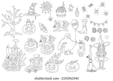 Vector hand drawn doodle set with Halloween illustrations. Little witch, hats, jack-o-lanterns, broom, bat  and spiders. Perfect for creating greeting card, posters, coloring books. Black outline.