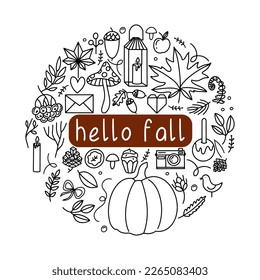 Vector hand drawn doodle set isolated on white background. Hello fall.