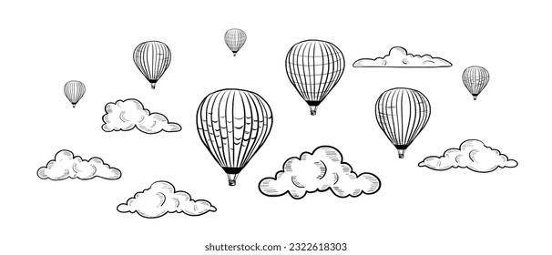 Vector Hand Drawn Doodle Set of Flying Air Balloons Isolated on White Background. Black and white Sketch of Hot Air Balloons Set with Clouds Drawing. Eco Green Transportation for Clean Environment.