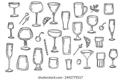 vector hand drawn doodle set of bar glasses and decors