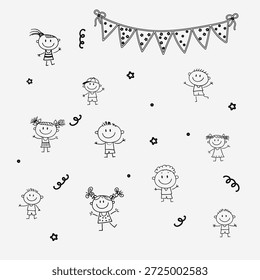 Vector hand drawn doodle set with children characters, party flags, stars and decorative elements. Black outline illustration in simple sketch style isolated on transparent background.