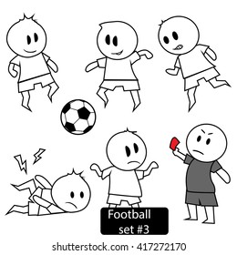 Vector hand drawn doodle set - football players. Cartoon characters in soccer sport - game, victory and active life illustration. Foul incident, player's injury and sending off by referee.