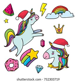 Vector hand drawn doodle set of magic unicorn horses in Santa Christmas hat with rainbow, star, watermelon slice, diamond gem, donut, and crown. Christmas trendy hipster characters