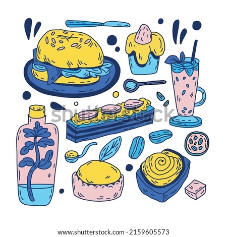 Vector hand drawn doodle set with cute hand drawn dessert and drinks illustrations. Restaurant or cafe branding elements. Flyer design with drinks and sweets. Flat food illustration.