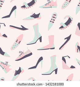 Vector Hand Drawn Doodle Shoe Pattern. Seamless Vector Background. 