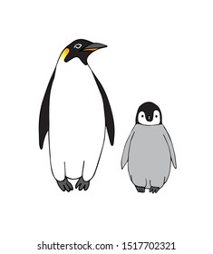 Vector hand drawn doodle sketch emperor penguin with baby isolated on white background