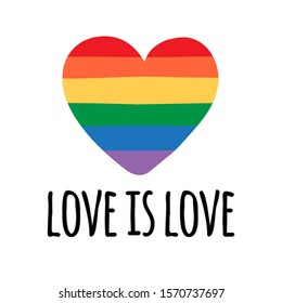 Vector hand drawn doodle sketch lgbt rainbow flag heart and love is love lettering isolated on white background