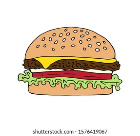 Vector hand drawn doodle sketch colored cheese burger isolated on white background