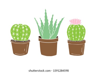 Vector hand drawn doodle sketch set of three colored cactus and aloe in pots isolated on white background