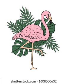 Vector hand drawn doodle sketch colored pink flamingo with palm leaves illustration isolated on white background