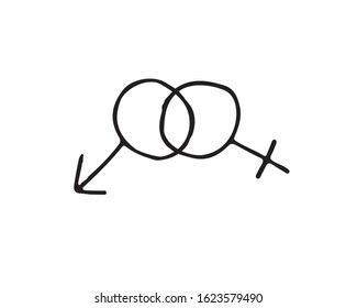 Vector hand drawn doodle sketch man and woman love symbol isolated on white background. Venus and mars sign illustration