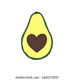 Vector hand drawn doodle sketch colored avocado with heart isolated on white background