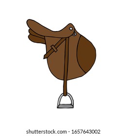 Vector Hand Drawn Doodle Sketch Brown Horse Riding Equestrian Saddle Isolated On White Background