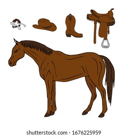 Vektorillustration handgezeichnet, mit Doodle-Skizze gefärbtes Pferd und Reitpferd, westliche Ausrüstung einzeln auf weißem Hintergrund