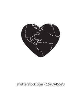 Vector hand drawn doodle sketch black Earth planet in heart shape isolated on white background