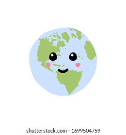Vector hand drawn doodle sketch colored Earth planet with cute kawaii face isolated on white background