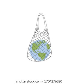 Vector hand drawn doodle sketch planet Earth in eco string bag isolated on white background