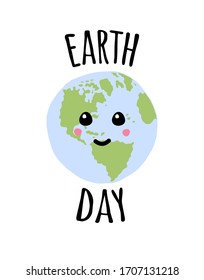 Vector hand drawn doodle sketch Earth day lettering text and cute kawaii planet with face isolated on white background