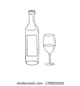 Vector Hand Drawn Doodle Sketch Wine Bottle And Glass Isolated On White Background