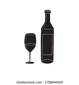 Vector hand drawn doodle sketch black wine bottle and glass isolated on white background