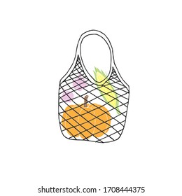Vector hand drawn doodle sketch eco string bag with vegetables products inside isolated on white background