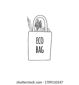 Vektorillustration handgezeichnet, doodle Skizze Ecobag mit Gemüse und Schrift einzeln auf weißem Hintergrund