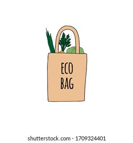 Vector hand drawn doodle sketch colored eco bag with vegetables and lettering isolated on white background