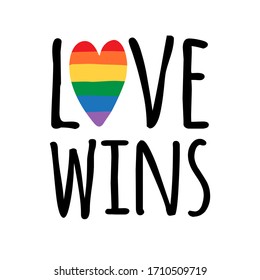 Vector hand drawn doodle sketch love wins lgbt pride lettering quote with rainbow flag heart isolated on white background