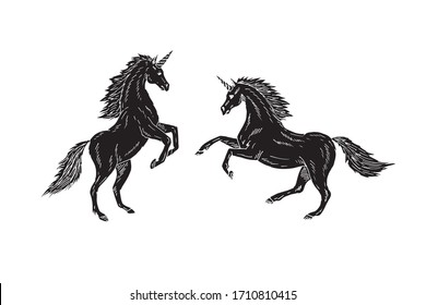 Vector hand drawn doodle sketch two black unicorn isolated on white background