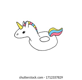 Vector hand drawn doodle sketch unicorn summer rubber swimming ring isolated on white background