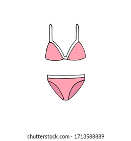 Esbozo de doodle dibujado a mano traje de baño hembra rosa bikini aislado en fondo blanco