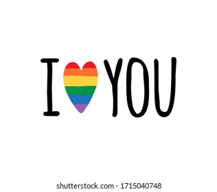 Vector hand drawn doodle sketch I love you lgbt rainbow flag heart lettering isolated on white background