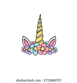 Vector hand drawn doodle sketch colored unicorn head with flowers isolated on white background