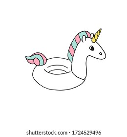 Dibujo de doodle dibujado a mano del vector flotador unicornio de natación aislado en fondo blanco