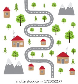 Esbozo de doodle dibujado a mano del vector paisaje de campo con casas y árboles aislados en fondo blanco